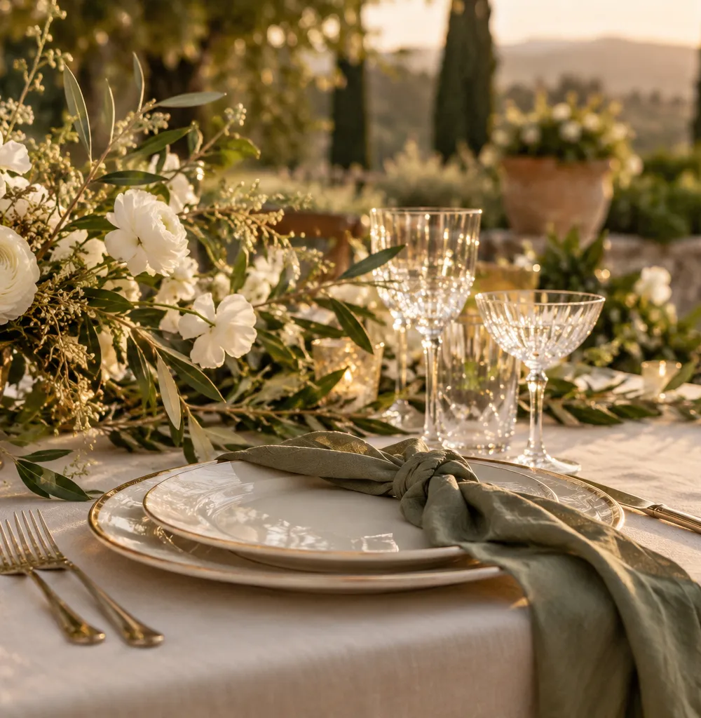 Mesa de celebración con flores blancas y detalles en verde salvia
